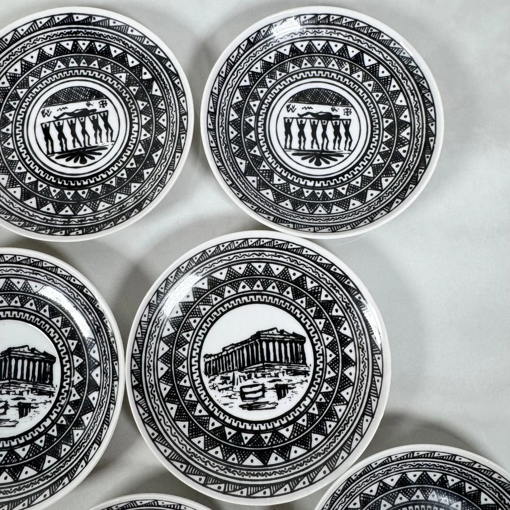 Vintage Greek Black and White Demitasse Cups and Saucers Set Greek Key Parthenon